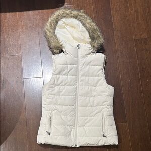 Banana Republic Ivory Puffer Vest with Faux Fur Hood